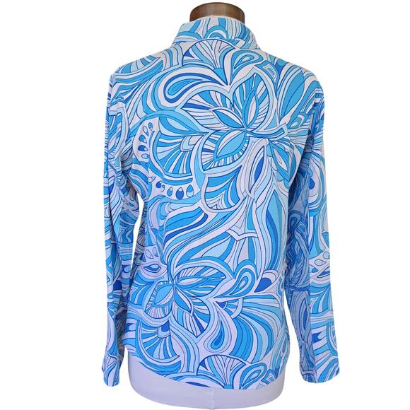 IBKUL IICKULS Turquoise Blue Swirl Long Sleeve Zip Mock SPF 50 Medium - Picture 2 of 7